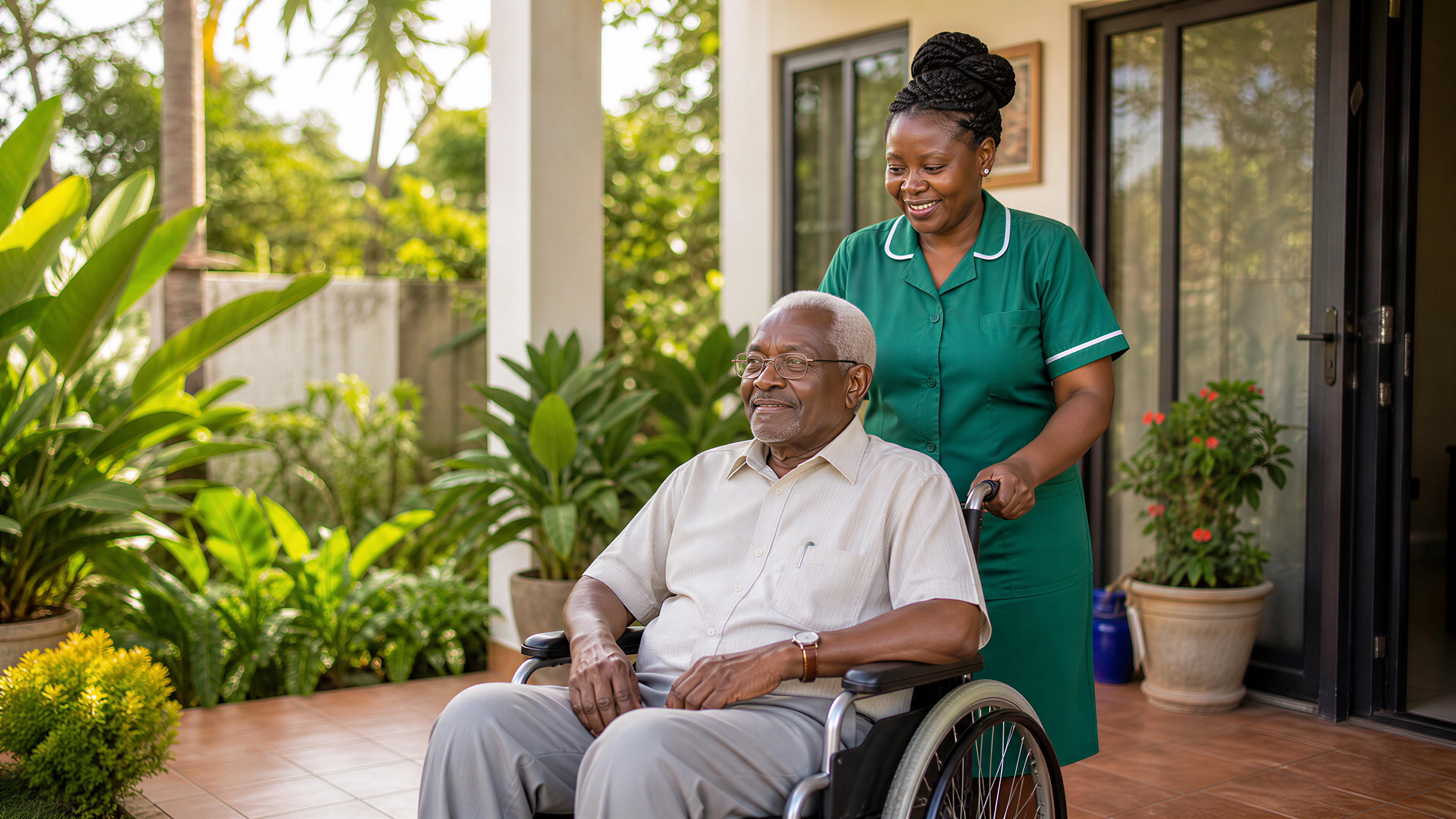 Comfort Home Care nurse with elderly patient in wheelchair at home in Kampala Uganda