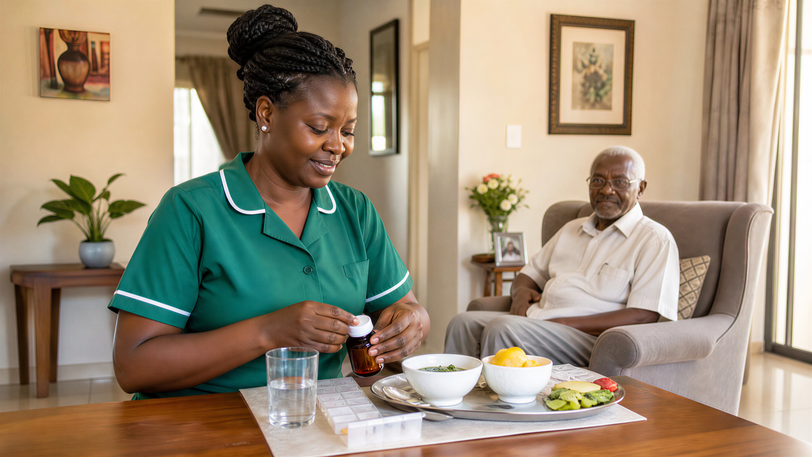 Comfort Home Care nurse preparing medication for elderly patient at home in Uganda